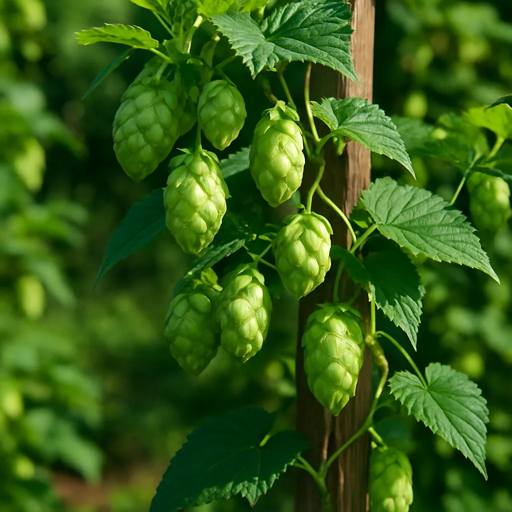Green hop cones growing on a vine in the kitchen garden